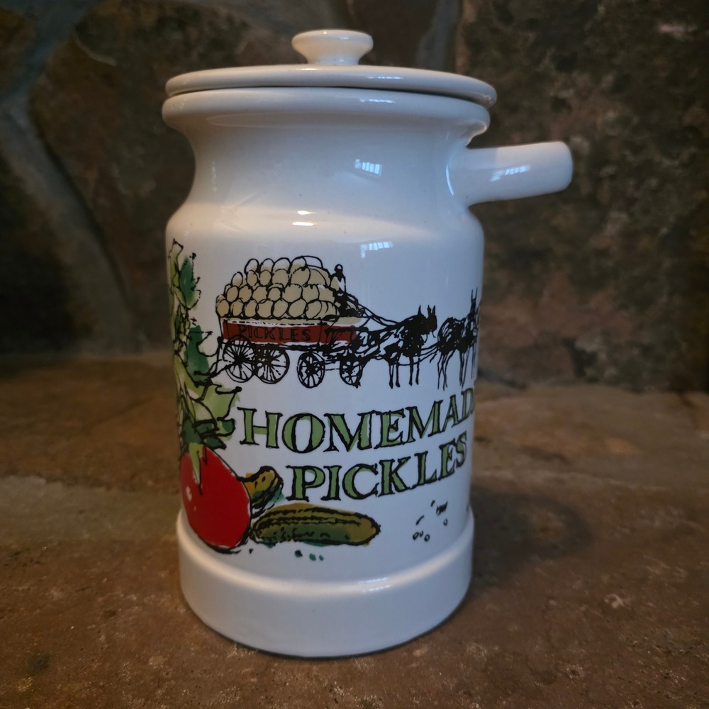 Vintage 1981 Enesco Ceramic Homemade Pickles Crock Jar with Lid Farmhouse Decor